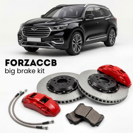 Black Chery Tiggo 9 Global version (2025+) shown above a ForzaCCB iron rotor big brake kit with 2x red 6-piston front calipers, 2x two-piece floating ventilated brake discs 380 mm, set of brake pads, and brake lines.