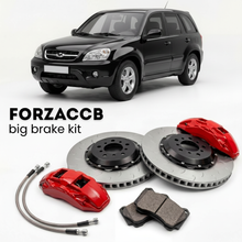 Black Chery Tiggo T11 (2005-2010) shown above a ForzaCCB iron rotor big brake kit with 2x red 6-piston front calipers, 2x two-piece floating ventilated brake discs 380 mm, set of brake pads, and brake lines.