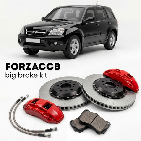 Black Chery Tiggo T11 (2005-2010) shown above a ForzaCCB iron rotor big brake kit with 2x red 6-piston front calipers, 2x two-piece floating ventilated brake discs 380 mm, set of brake pads, and brake lines.
