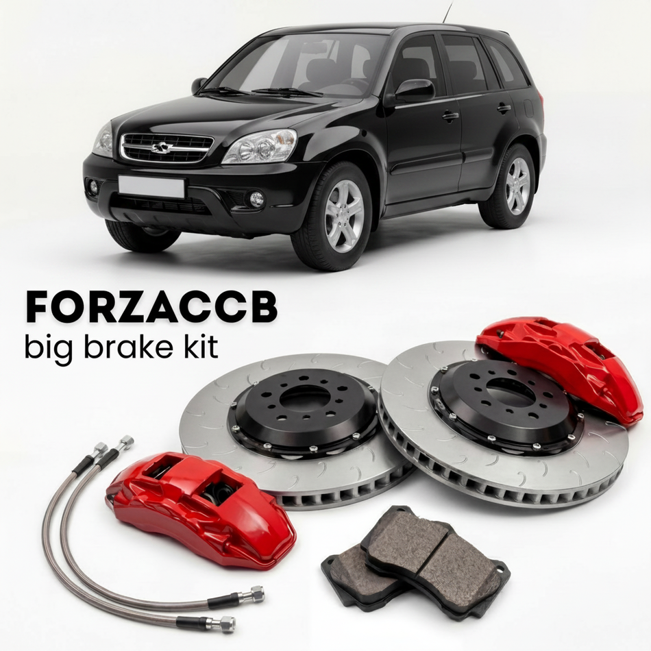 Black Chery Tiggo T11 (2005-2010) shown above a ForzaCCB iron rotor big brake kit with 2x red 6-piston front calipers, 2x two-piece floating ventilated brake discs 380 mm, set of brake pads, and brake lines.