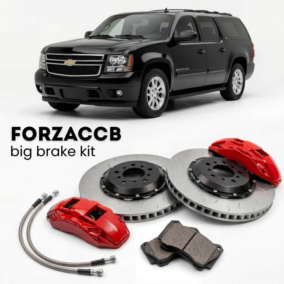 Black Chevrolet Avalanche (2005-2006) shown above a ForzaCCB iron rotor big brake kit with 2x red 6-piston front calipers, 2x two-piece floating ventilated brake discs 380 mm, set of brake pads, and brake lines.