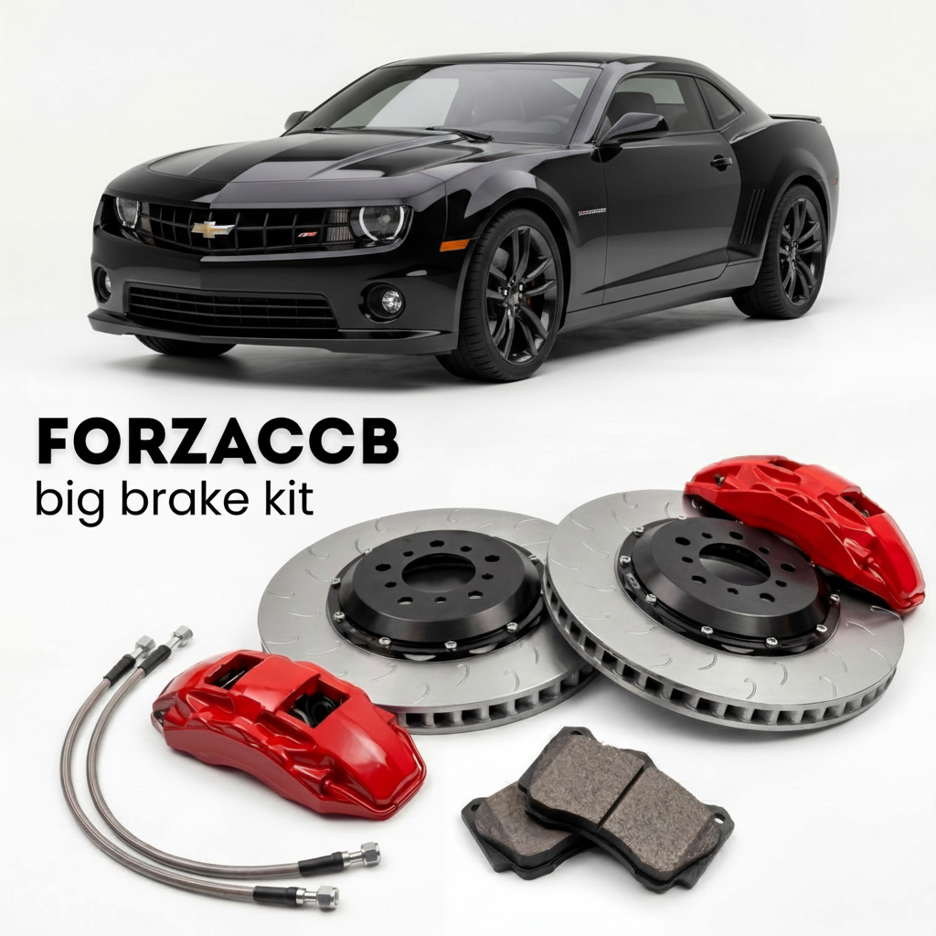 Black Chevrolet Camaro Z/28 Gen 5 (2014-2015) shown above a ForzaCCB iron rotor big brake kit with 2x red 6-piston front calipers, 2x two-piece floating ventilated brake discs 380 mm, set of brake pads, and brake lines.