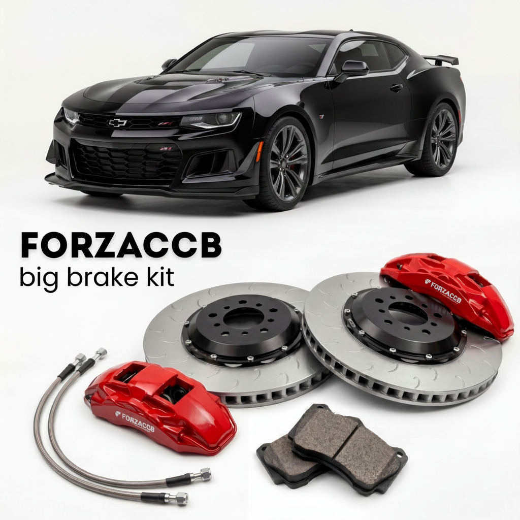 Black Chevrolet Camaro ZL1 1LE Gen 6 (2018-2024) shown above a ForzaCCB iron rotor big brake kit with 2x red 6-piston front calipers, 2x two-piece floating ventilated brake discs 380 mm, set of brake pads, and brake lines.