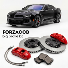 Black Chevrolet Camaro ZL1 Gen 6 (2017-2024) shown above a ForzaCCB iron rotor big brake kit with 2x red 6-piston front calipers, 2x two-piece floating ventilated brake discs 380 mm, set of brake pads, and brake lines.