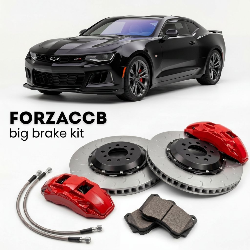 Black Chevrolet Camaro ZL1 Gen 6 (2017-2024) shown above a ForzaCCB iron rotor big brake kit with 2x red 6-piston front calipers, 2x two-piece floating ventilated brake discs 380 mm, set of brake pads, and brake lines.