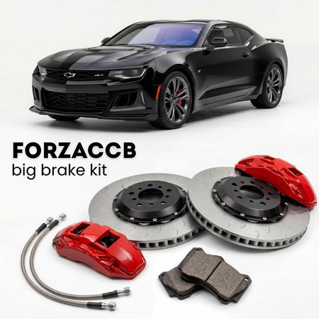 Black Chevrolet Camaro ZL1 Gen 6 (2017-2024) shown above a ForzaCCB iron rotor big brake kit with 2x red 6-piston front calipers, 2x two-piece floating ventilated brake discs 380 mm, set of brake pads, and brake lines.