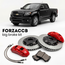 Black Chevrolet Colorado I (2005-2012) shown above a ForzaCCB iron rotor big brake kit with 2x red 6-piston front calipers, 2x two-piece floating ventilated brake discs 380 mm, set of brake pads, and brake lines.