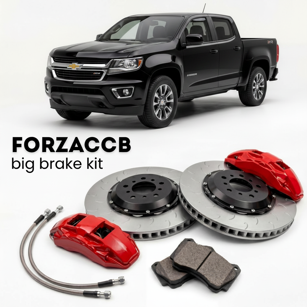 Black Chevrolet Colorado II Crew Cab Long Box (2015-2020) shown above a ForzaCCB iron rotor big brake kit with 2x red 6-piston front calipers, 2x two-piece floating ventilated brake discs 380 mm, set of brake pads, and brake lines.