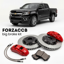 Black Chevrolet Colorado II Crew Cab Short Box (2015-2020) shown above a ForzaCCB iron rotor big brake kit with 2x red 6-piston front calipers, 2x two-piece floating ventilated brake discs 380 mm, set of brake pads, and brake lines.