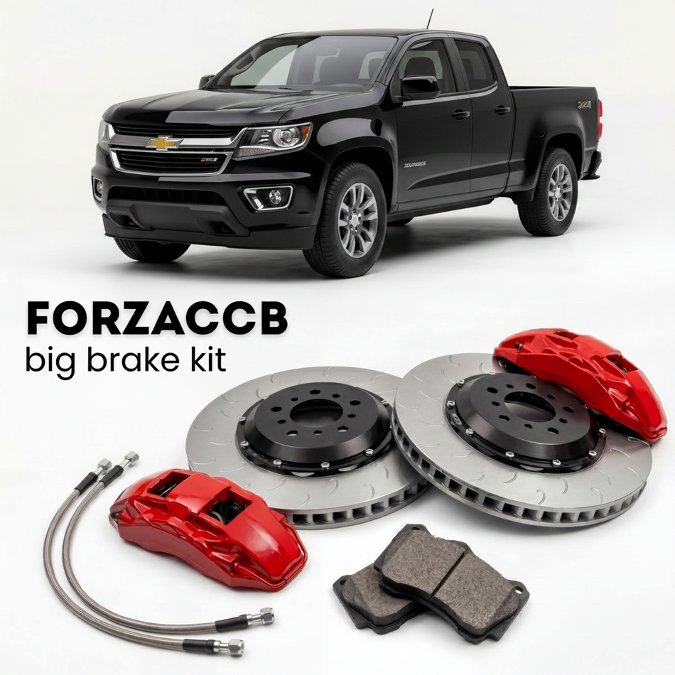 Black Chevrolet Colorado II Extended Cab Long Box (2015-2020) shown above a ForzaCCB iron rotor big brake kit with 2x red 6-piston front calipers, 2x two-piece floating ventilated brake discs 380 mm, set of brake pads, and brake lines.