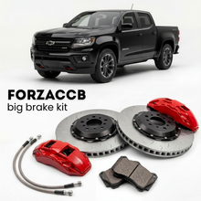 Black Chevrolet Colorado III Crew Cab Short Box (2023+) shown above a ForzaCCB iron rotor big brake kit with 2x red 6-piston front calipers, 2x two-piece floating ventilated brake discs 380 mm, set of brake pads, and brake lines.