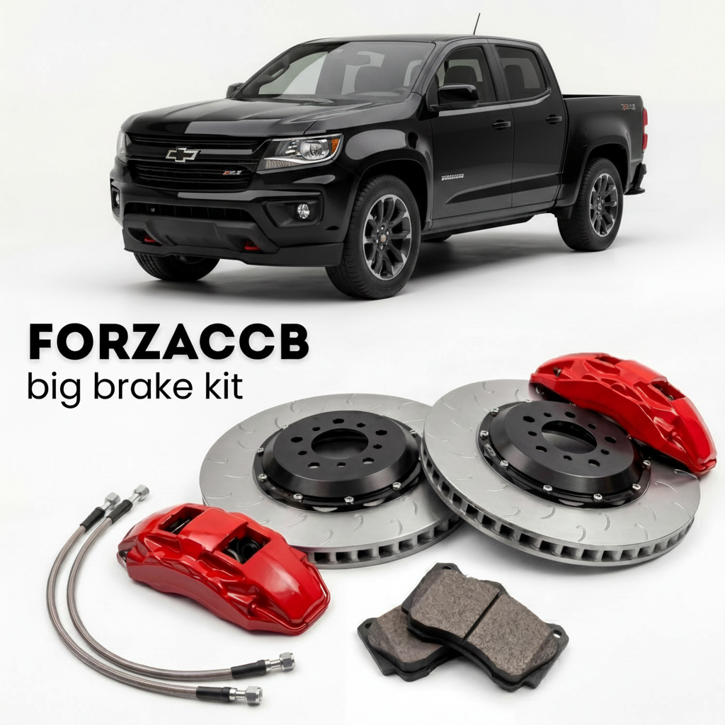 Black Chevrolet Colorado III Crew Cab Short Box (2023+) shown above a ForzaCCB iron rotor big brake kit with 2x red 6-piston front calipers, 2x two-piece floating ventilated brake discs 380 mm, set of brake pads, and brake lines.