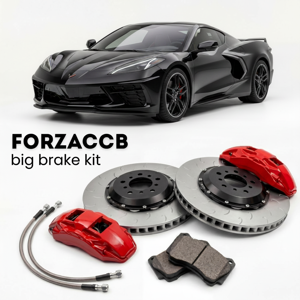Black Chevrolet Corvette E-Ray C8 (2024-2024+) shown above a ForzaCCB iron rotor big brake kit with 2x red 6-piston front calipers, 2x two-piece floating ventilated brake discs 380 mm, set of brake pads, and brake lines.