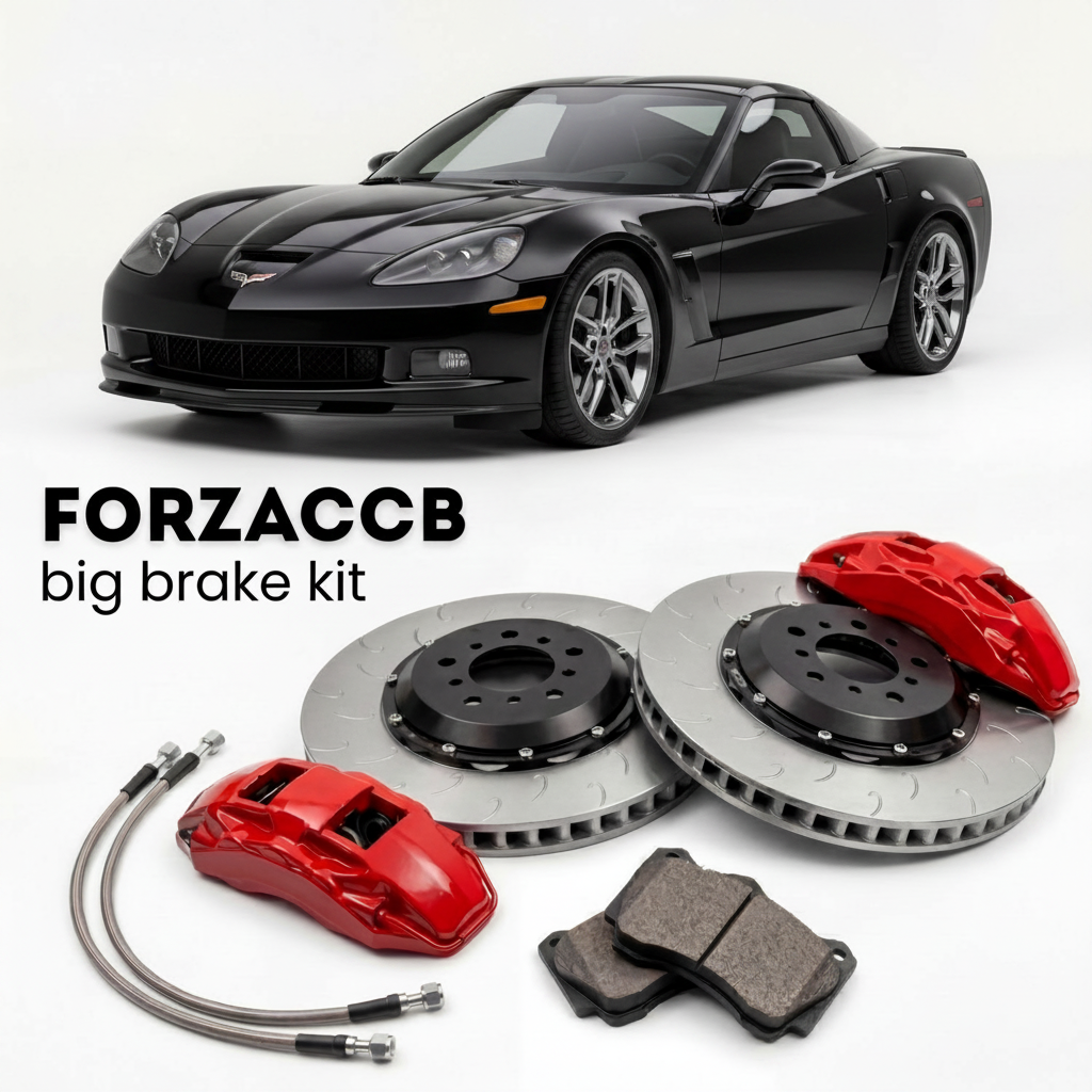 Black Chevrolet Corvette Grand Sport C6 (2010-2013) shown above a ForzaCCB iron rotor big brake kit with 2x red 6-piston front calipers, 2x two-piece floating ventilated brake discs 380 mm, set of brake pads, and brake lines.