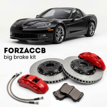 Black Chevrolet Corvette Grand Sport C6 (2010-2013) shown above a ForzaCCB iron rotor big brake kit with 2x red 6-piston front calipers, 2x two-piece floating ventilated brake discs 380 mm, set of brake pads, and brake lines.