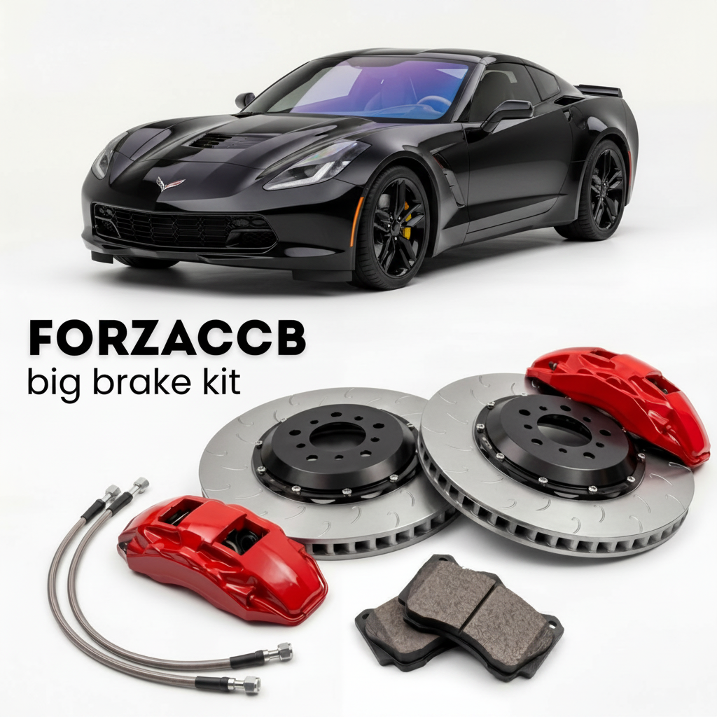 Black Chevrolet Corvette Grand Sport C7 (2017-2019) shown above a ForzaCCB iron rotor big brake kit with 2x red 6-piston front calipers, 2x two-piece floating ventilated brake discs 380 mm, set of brake pads, and brake lines.