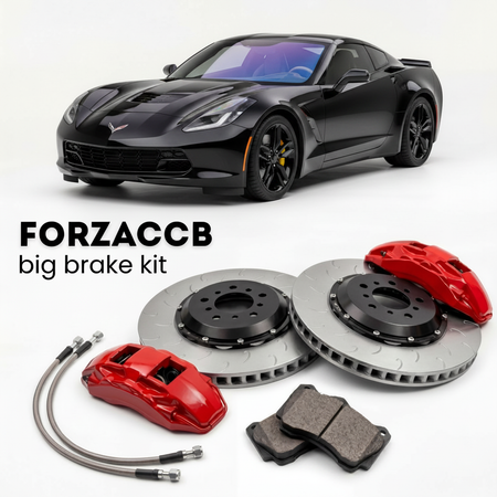 Black Chevrolet Corvette Grand Sport C7 (2017-2019) shown above a ForzaCCB iron rotor big brake kit with 2x red 6-piston front calipers, 2x two-piece floating ventilated brake discs 380 mm, set of brake pads, and brake lines.