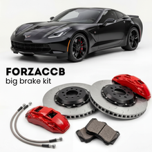 Black Chevrolet Corvette Stingray Z51 C7 (2014-2019) shown above a ForzaCCB iron rotor big brake kit with 2x red 6-piston front calipers, 2x two-piece floating ventilated brake discs 380 mm, set of brake pads, and brake lines.