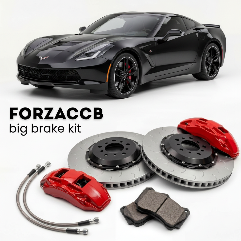 Black Chevrolet Corvette Stingray Z51 C7 (2014-2019) shown above a ForzaCCB iron rotor big brake kit with 2x red 6-piston front calipers, 2x two-piece floating ventilated brake discs 380 mm, set of brake pads, and brake lines.