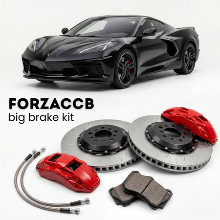 Black Chevrolet Corvette Stingray Z51 C8 (2020-2024+) shown above a ForzaCCB iron rotor big brake kit with 2x red 6-piston front calipers, 2x two-piece floating ventilated brake discs 380 mm, set of brake pads, and brake lines.