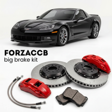 Black Chevrolet Corvette Z06 C6 (2006-2013) shown above a ForzaCCB iron rotor big brake kit with 2x red 6-piston front calipers, 2x two-piece floating ventilated brake discs 380 mm, set of brake pads, and brake lines.