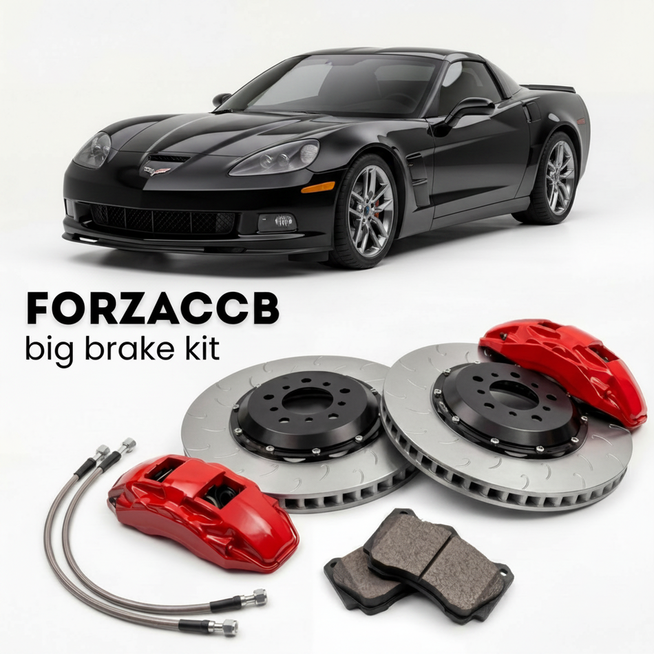 Black Chevrolet Corvette Z06 C6 (2006-2013) shown above a ForzaCCB iron rotor big brake kit with 2x red 6-piston front calipers, 2x two-piece floating ventilated brake discs 380 mm, set of brake pads, and brake lines.