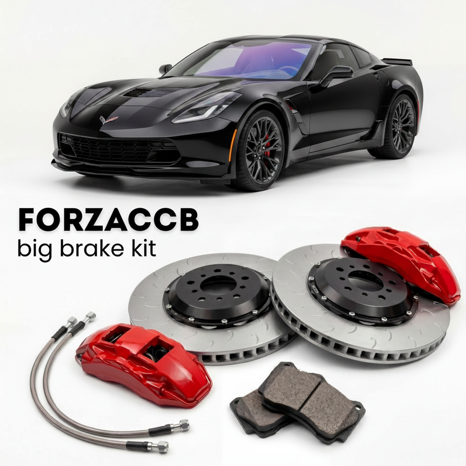 Black Chevrolet Corvette Z06 C7 (2015-2019) shown above a ForzaCCB iron rotor big brake kit with 2x red 6-piston front calipers, 2x two-piece floating ventilated brake discs 380 mm, set of brake pads, and brake lines.