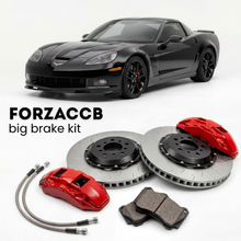 Black Chevrolet Corvette Z06 Carbon C6 (2011-2011) shown above a ForzaCCB iron rotor big brake kit with 2x red 6-piston front calipers, 2x two-piece floating ventilated brake discs 380 mm, set of brake pads, and brake lines.