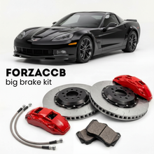 Black Chevrolet Corvette ZR1 C6 (2009-2013) shown above a ForzaCCB iron rotor big brake kit with 2x red 6-piston front calipers, 2x two-piece floating ventilated brake discs 380 mm, set of brake pads, and brake lines.