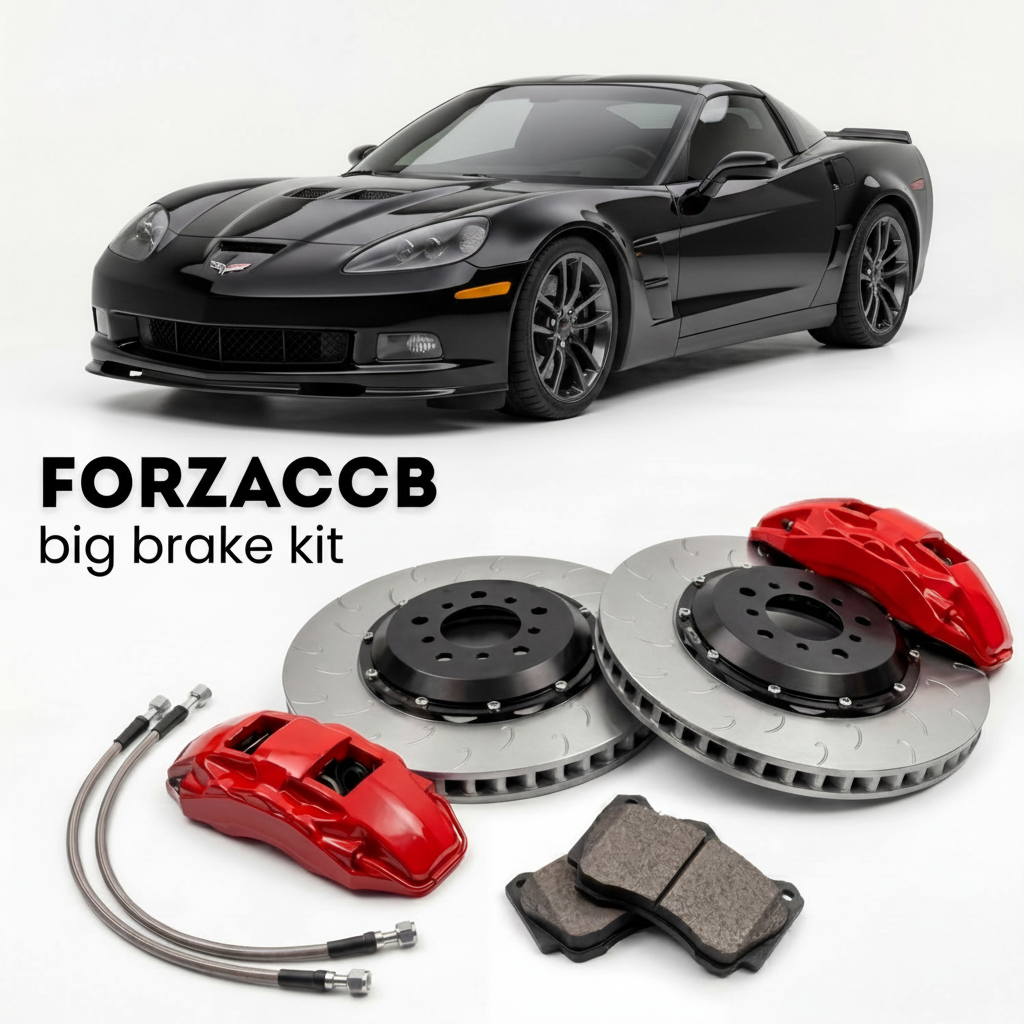 Black Chevrolet Corvette ZR1 C6 (2009-2013) shown above a ForzaCCB iron rotor big brake kit with 2x red 6-piston front calipers, 2x two-piece floating ventilated brake discs 380 mm, set of brake pads, and brake lines.