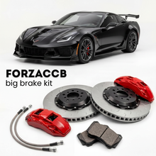 Black Chevrolet Corvette ZR1 C7 (2019-2019) shown above a ForzaCCB iron rotor big brake kit with 2x red 6-piston front calipers, 2x two-piece floating ventilated brake discs 380 mm, set of brake pads, and brake lines.