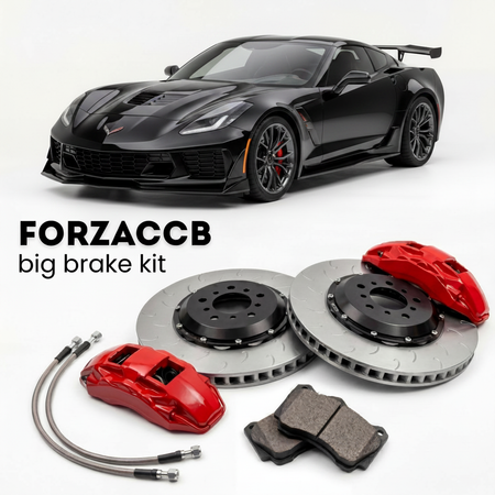Black Chevrolet Corvette ZR1 C7 (2019-2019) shown above a ForzaCCB iron rotor big brake kit with 2x red 6-piston front calipers, 2x two-piece floating ventilated brake discs 380 mm, set of brake pads, and brake lines.