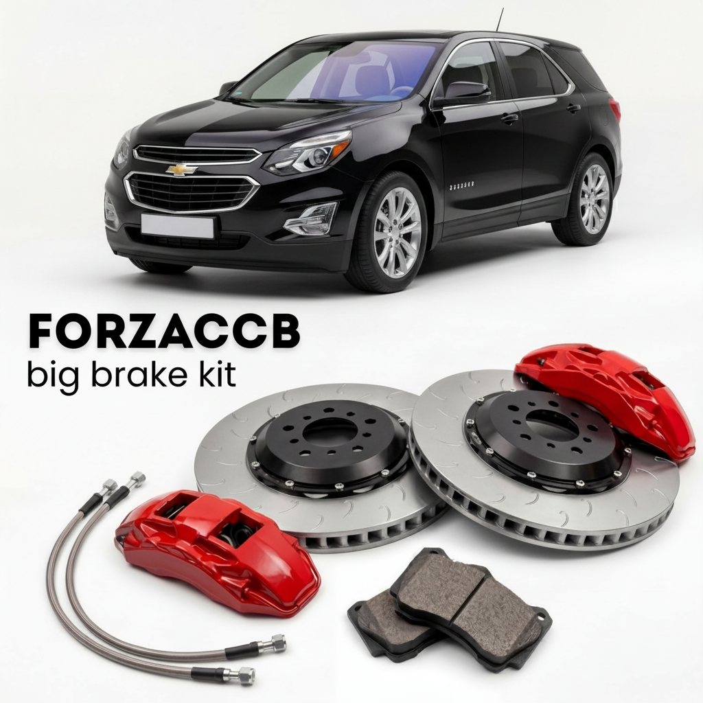 Black Chevrolet Equinox II (2009-2015) shown above a ForzaCCB iron rotor big brake kit with 2x red 6-piston front calipers, 2x two-piece floating ventilated brake discs 380 mm, set of brake pads, and brake lines.