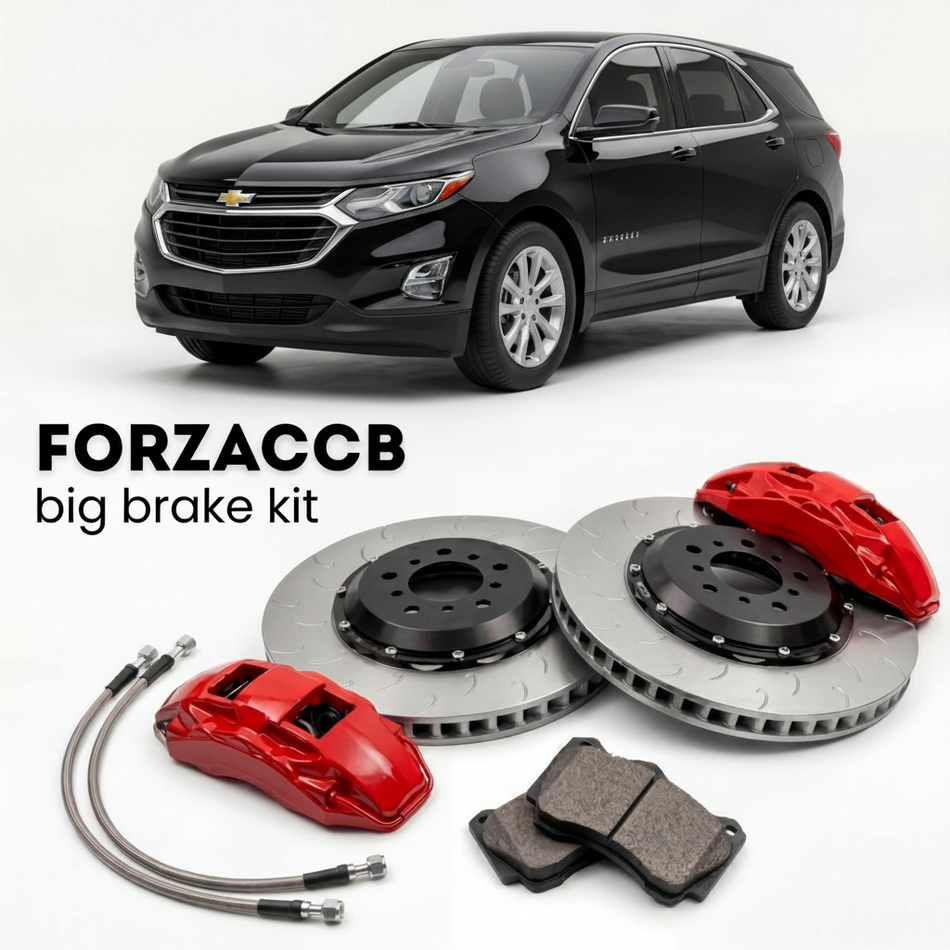 Black Chevrolet Equinox facelift 2016) (2016-2017 (II) shown above a ForzaCCB iron rotor big brake kit with 2x red 6-piston front calipers, 2x two-piece floating ventilated brake discs 380 mm, set of brake pads, and brake lines.
