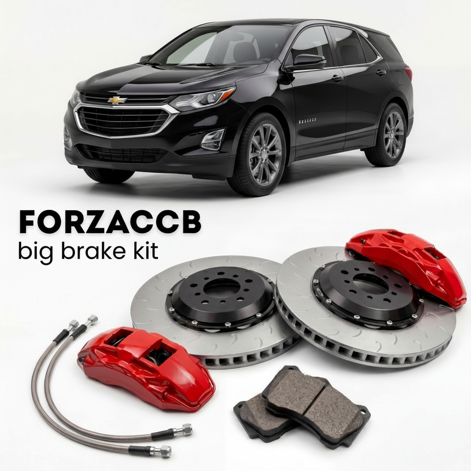 Black Chevrolet Equinox III (2017-2021) shown above a ForzaCCB iron rotor big brake kit with 2x red 6-piston front calipers, 2x two-piece floating ventilated brake discs 380 mm, set of brake pads, and brake lines.