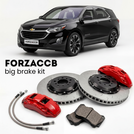 Black Chevrolet Equinox IV (2024+) shown above a ForzaCCB iron rotor big brake kit with 2x red 6-piston front calipers, 2x two-piece floating ventilated brake discs 380 mm, set of brake pads, and brake lines.