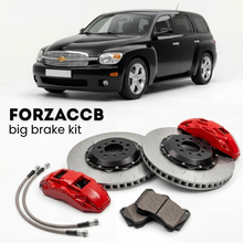 Black Chevrolet HHR (2005-2011) shown above a ForzaCCB iron rotor big brake kit with 2x red 6-piston front calipers, 2x two-piece floating ventilated brake discs 380 mm, set of brake pads, and brake lines.