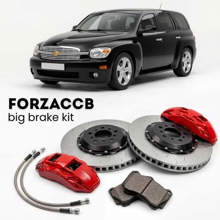 Black Chevrolet HHR (2005-2011) shown above a ForzaCCB iron rotor big brake kit with 2x red 6-piston front calipers, 2x two-piece floating ventilated brake discs 380 mm, set of brake pads, and brake lines.