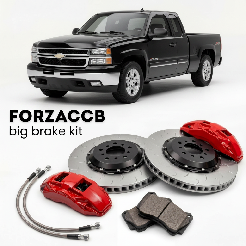 Black Chevrolet Silverado 1500 facelift 2003) Crew Cab (2005-2006 (I) shown above a ForzaCCB iron rotor big brake kit with 2x red 6-piston front calipers, 2x two-piece floating ventilated brake discs 380 mm, set of brake pads, and brake lines.