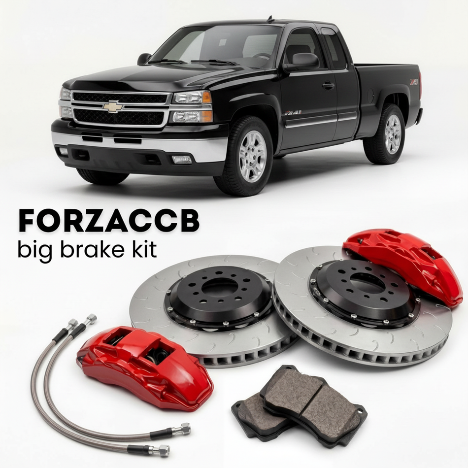 Black Chevrolet Silverado 1500 facelift 2003) Crew Cab (2005-2006 (I) shown above a ForzaCCB iron rotor big brake kit with 2x red 6-piston front calipers, 2x two-piece floating ventilated brake discs 380 mm, set of brake pads, and brake lines.