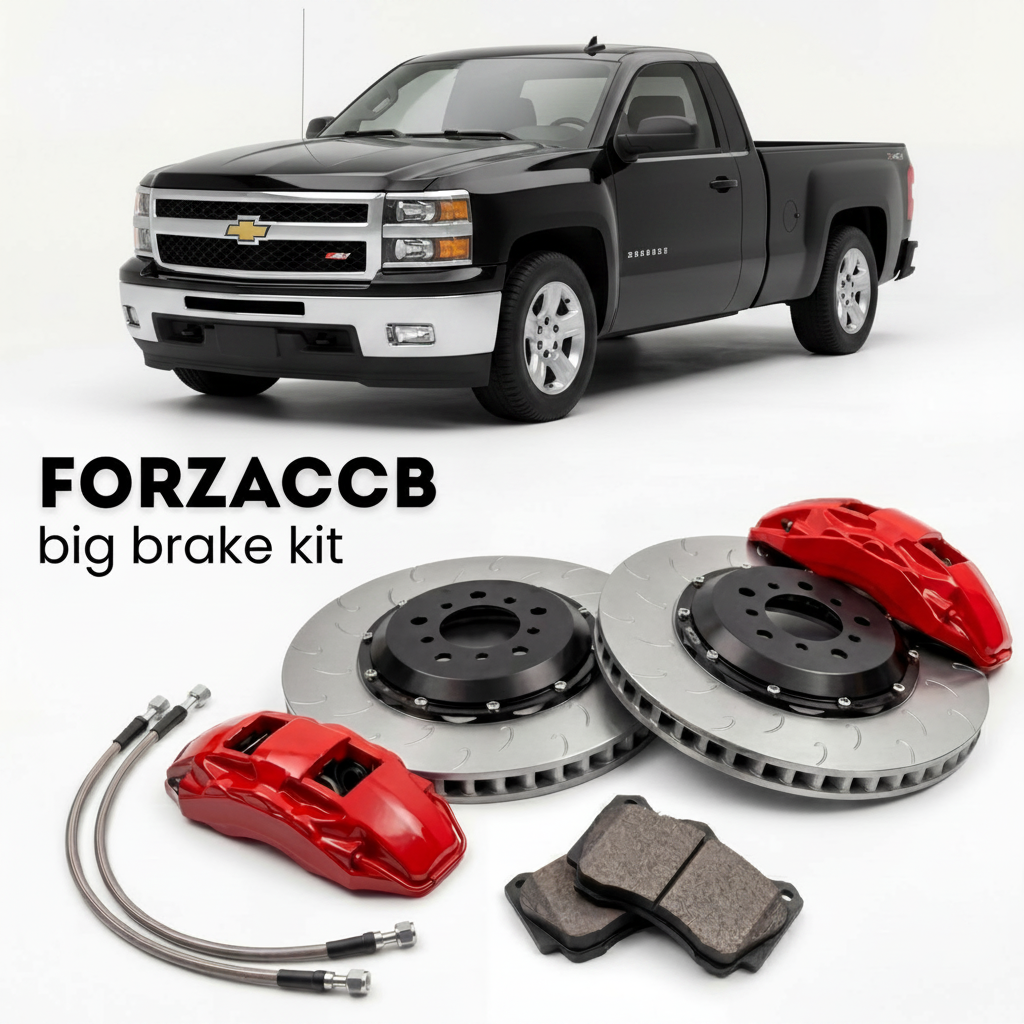 Black Chevrolet Silverado 1500 II Crew Cab Standard Box (2007-2014) shown above a ForzaCCB iron rotor big brake kit with 2x red 6-piston front calipers, 2x two-piece floating ventilated brake discs 380 mm, set of brake pads, and brake lines.
