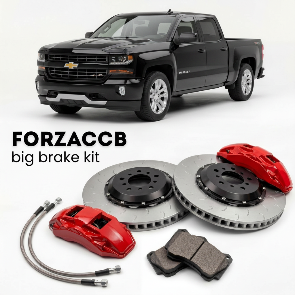 Black Chevrolet Silverado 1500 III Double Cab (2013-2016) shown above a ForzaCCB iron rotor big brake kit with 2x red 6-piston front calipers, 2x two-piece floating ventilated brake discs 380 mm, set of brake pads, and brake lines.