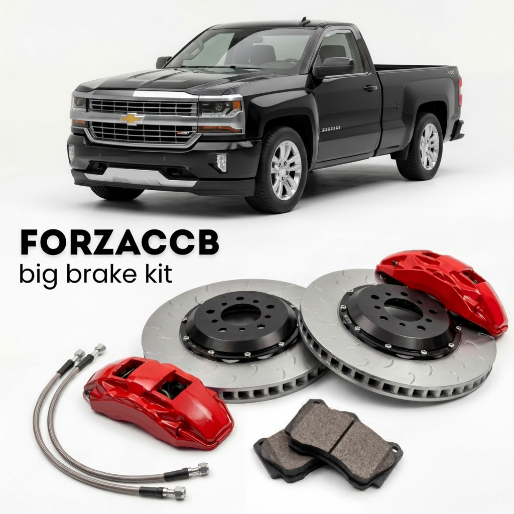 Black Chevrolet Silverado 1500 facelift 2016) Regular Cab Standard Box (2016-2018 (III) shown above a ForzaCCB iron rotor big brake kit with 2x red 6-piston front calipers, 2x two-piece floating ventilated brake discs 380 mm, set of brake pads, and brake lines.
