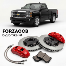 Black Chevrolet Silverado 1500 III Regular Cab (2013-2016) shown above a ForzaCCB iron rotor big brake kit with 2x red 6-piston front calipers, 2x two-piece floating ventilated brake discs 380 mm, set of brake pads, and brake lines.