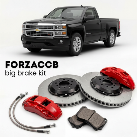 Black Chevrolet Silverado 1500 III Regular Cab (2013-2016) shown above a ForzaCCB iron rotor big brake kit with 2x red 6-piston front calipers, 2x two-piece floating ventilated brake discs 380 mm, set of brake pads, and brake lines.