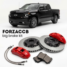 Black Chevrolet Silverado 1500 IV Crew Cab Short Box (2018-2021) shown above a ForzaCCB iron rotor big brake kit with 2x red 6-piston front calipers, 2x two-piece floating ventilated brake discs 380 mm, set of brake pads, and brake lines.