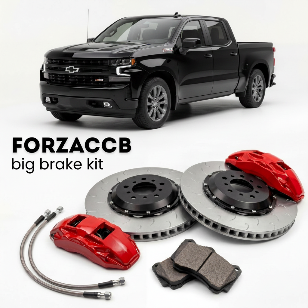 Black Chevrolet Silverado 1500 IV Crew Cab Short Box (2018-2021) shown above a ForzaCCB iron rotor big brake kit with 2x red 6-piston front calipers, 2x two-piece floating ventilated brake discs 380 mm, set of brake pads, and brake lines.