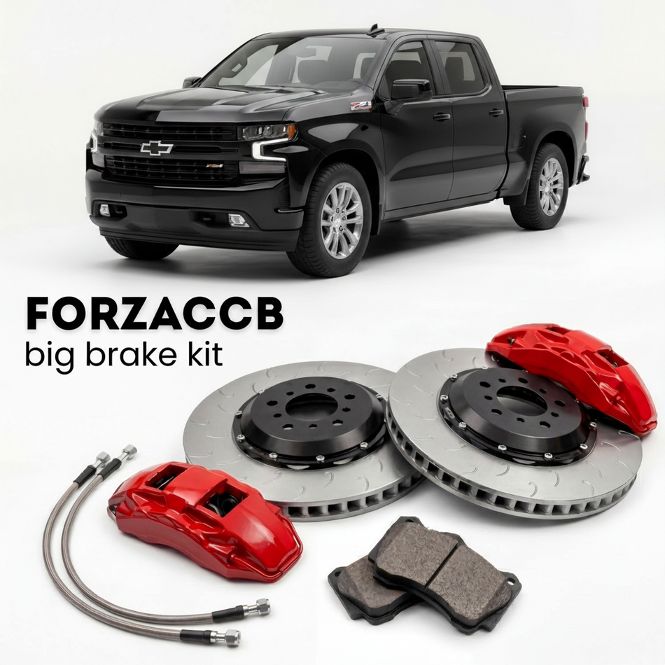 Black Chevrolet Silverado 1500 IV Crew Cab Standard Box (2018-2021) shown above a ForzaCCB iron rotor big brake kit with 2x red 6-piston front calipers, 2x two-piece floating ventilated brake discs 380 mm, set of brake pads, and brake lines.