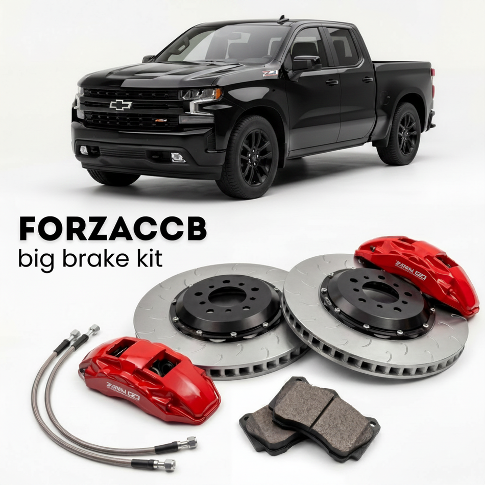 Black Chevrolet Silverado 1500 facelift 2022) Regular Cab Standard Box (2022+ (IV) shown above a ForzaCCB iron rotor big brake kit with 2x red 6-piston front calipers, 2x two-piece floating ventilated brake discs 380 mm, set of brake pads, and brake lines.