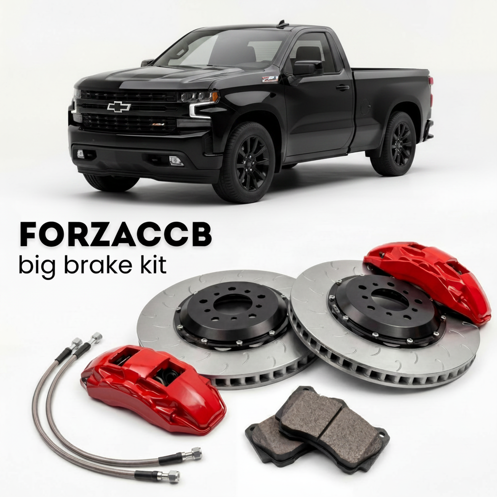 Black Chevrolet Silverado 1500 IV Regular Cab Long Box (2018-2021) shown above a ForzaCCB iron rotor big brake kit with 2x red 6-piston front calipers, 2x two-piece floating ventilated brake discs 380 mm, set of brake pads, and brake lines.